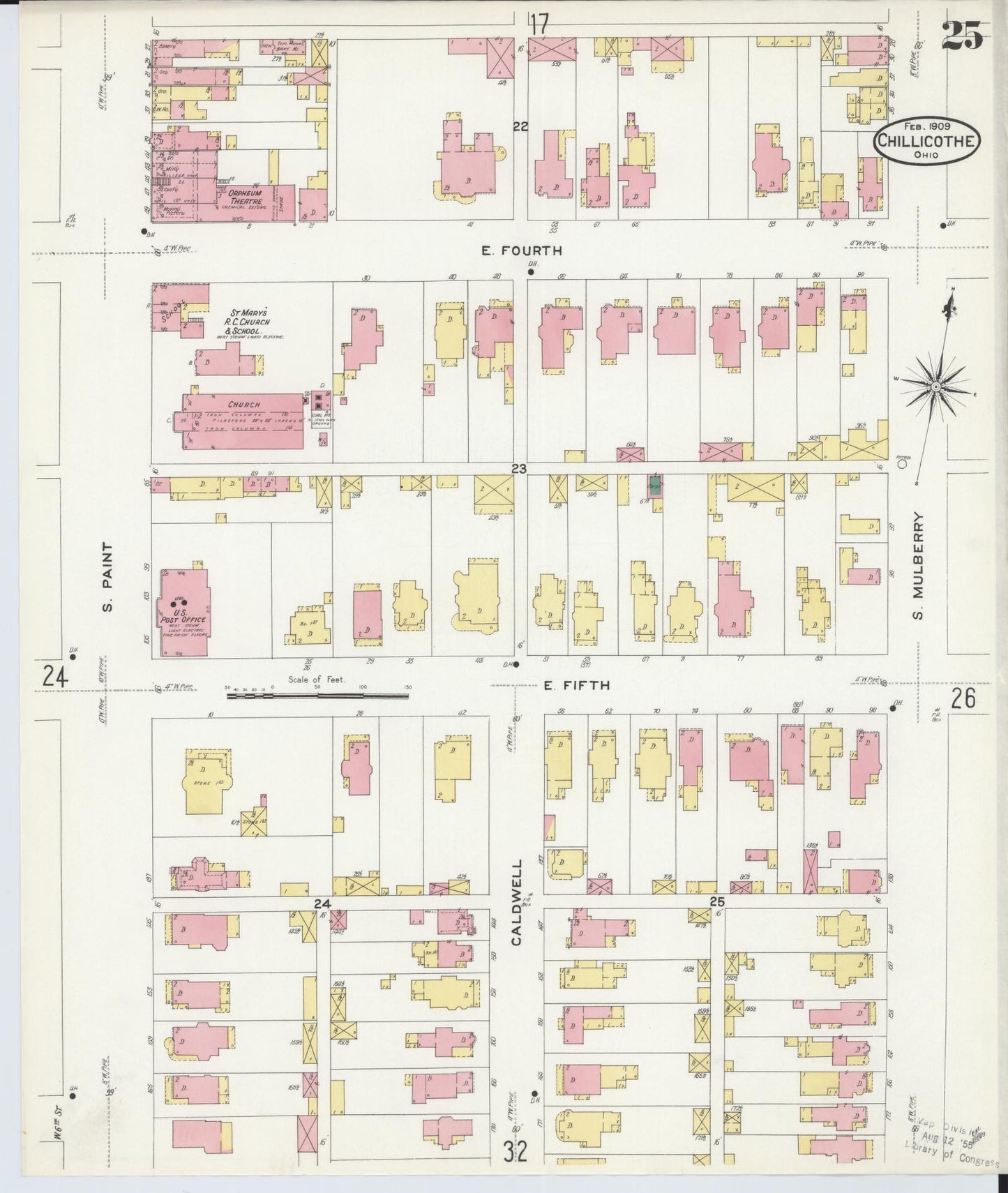 Sanborn Fire Insurance Map from Chillicothe, Ross County, Ohio (1909), Sheet #0025 - Historic Sanborn Fire Insurance Map Print, vintage old map wall art, antique decor, genealogy gift, Ohio Ohio map