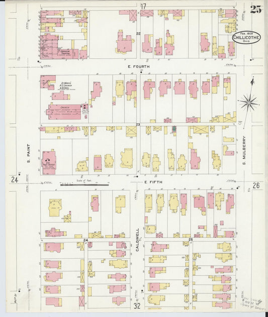 Sanborn Fire Insurance Map from Chillicothe, Ross County, Ohio (1909), Sheet #0025 - Historic Sanborn Fire Insurance Map Print, vintage old map wall art, antique decor, genealogy gift, Ohio Ohio map