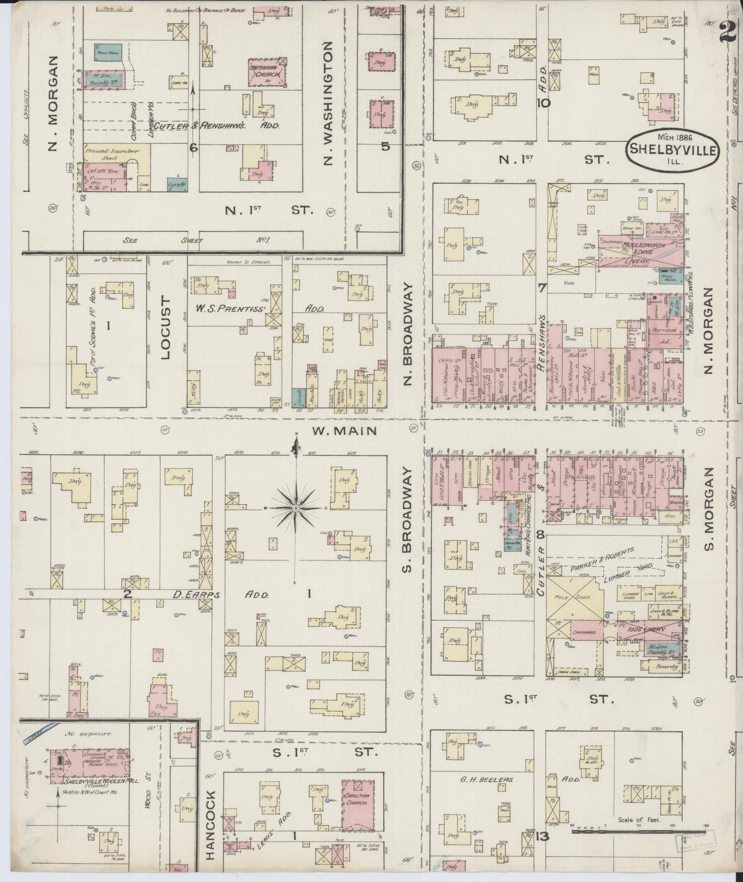 Sanborn Fire Insurance Map from Shelbyville, Shelby County, Illinois (1886), Sheet #0002 - Complete Map Set gallery image, historic Sanborn map, vintage wall art, Illinois Illinois