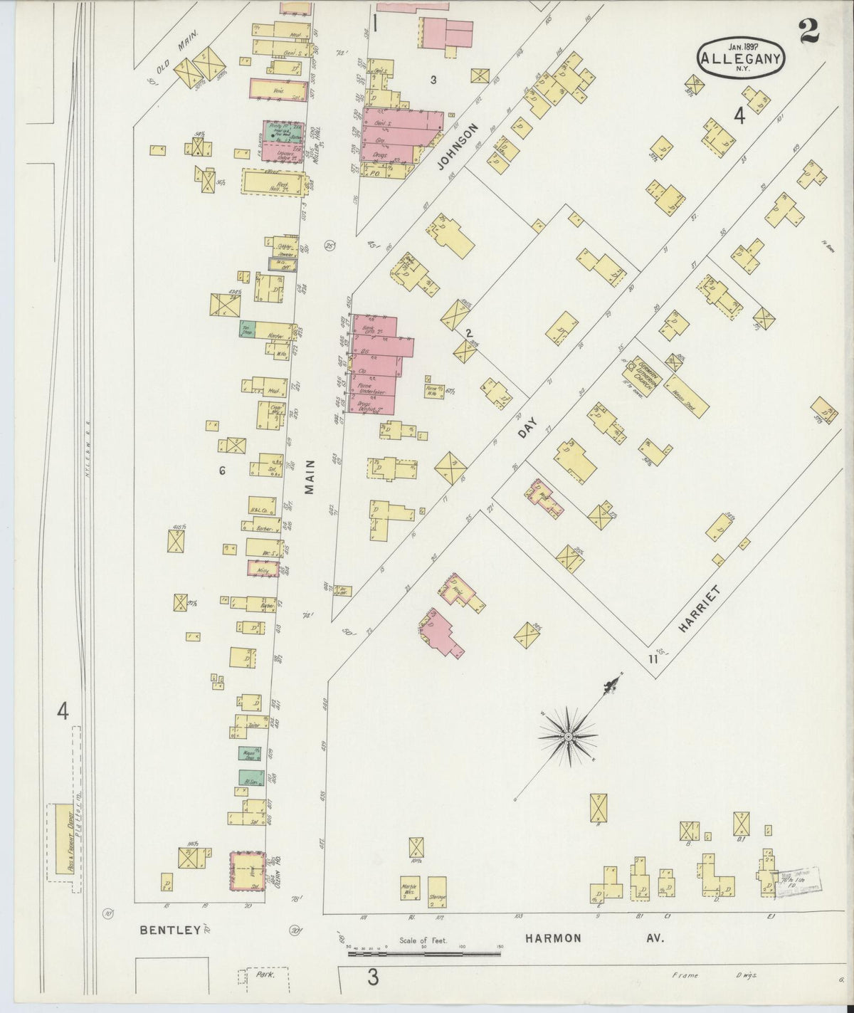 Sanborn Fire Insurance Map from Allegany, Cattaraugus County, New York (1897), Sheet #0002 - Historic Sanborn Fire Insurance Map Print, vintage old map wall art, antique decor, genealogy gift, New York New York map