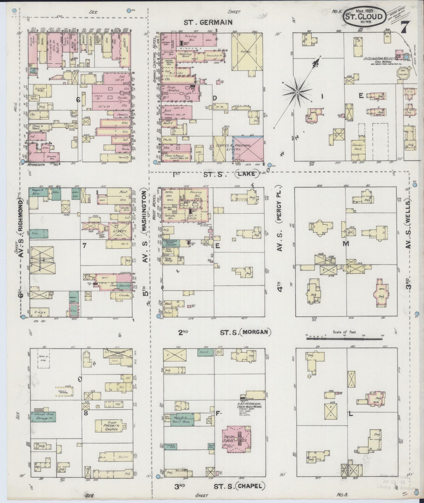 Sanborn Fire Insurance Map from Saint Cloud, Stearns, Benton, and Sherburne Counties, Minnesota (1889), Sheet #0007 - Complete Map Set gallery image, historic Sanborn map, vintage wall art, Minnesota Minnesota