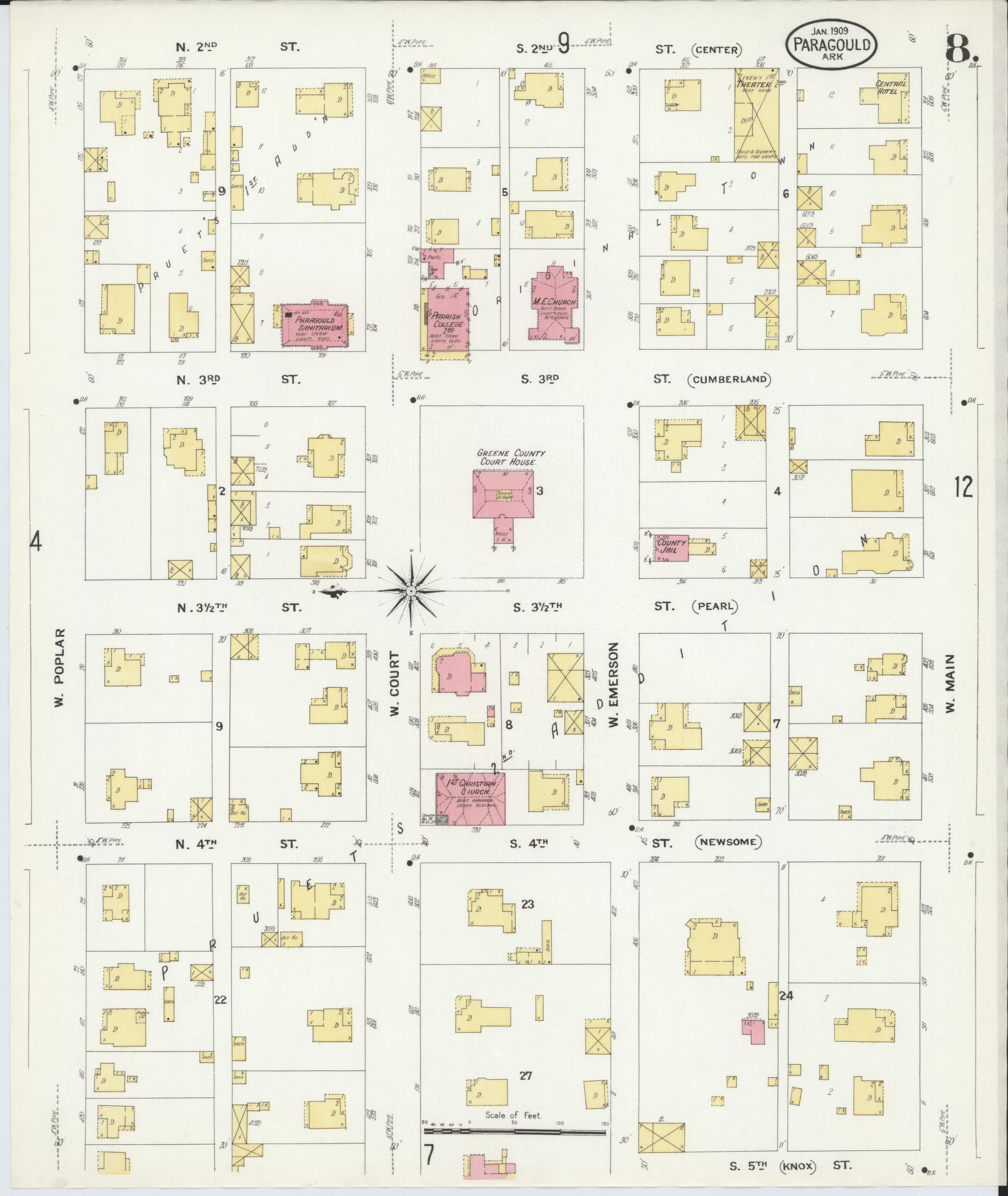 Sanborn Fire Insurance Map from Paragould, Greene County, Arkansas (1909), Sheet #0008 - Historic Sanborn Fire Insurance Map Print, vintage old map wall art, antique decor, genealogy gift, Arkansas Arkansas map