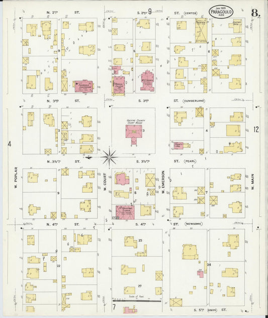 Sanborn Fire Insurance Map from Paragould, Greene County, Arkansas (1909), Sheet #0008 - Historic Sanborn Fire Insurance Map Print, vintage old map wall art, antique decor, genealogy gift, Arkansas Arkansas map