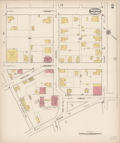 Sanborn Fire Insurance Map from Waycross, Ware County, Georgia (1922), Sheet #0002 - Complete Map Set gallery image, historic Sanborn map, vintage wall art, Georgia Georgia