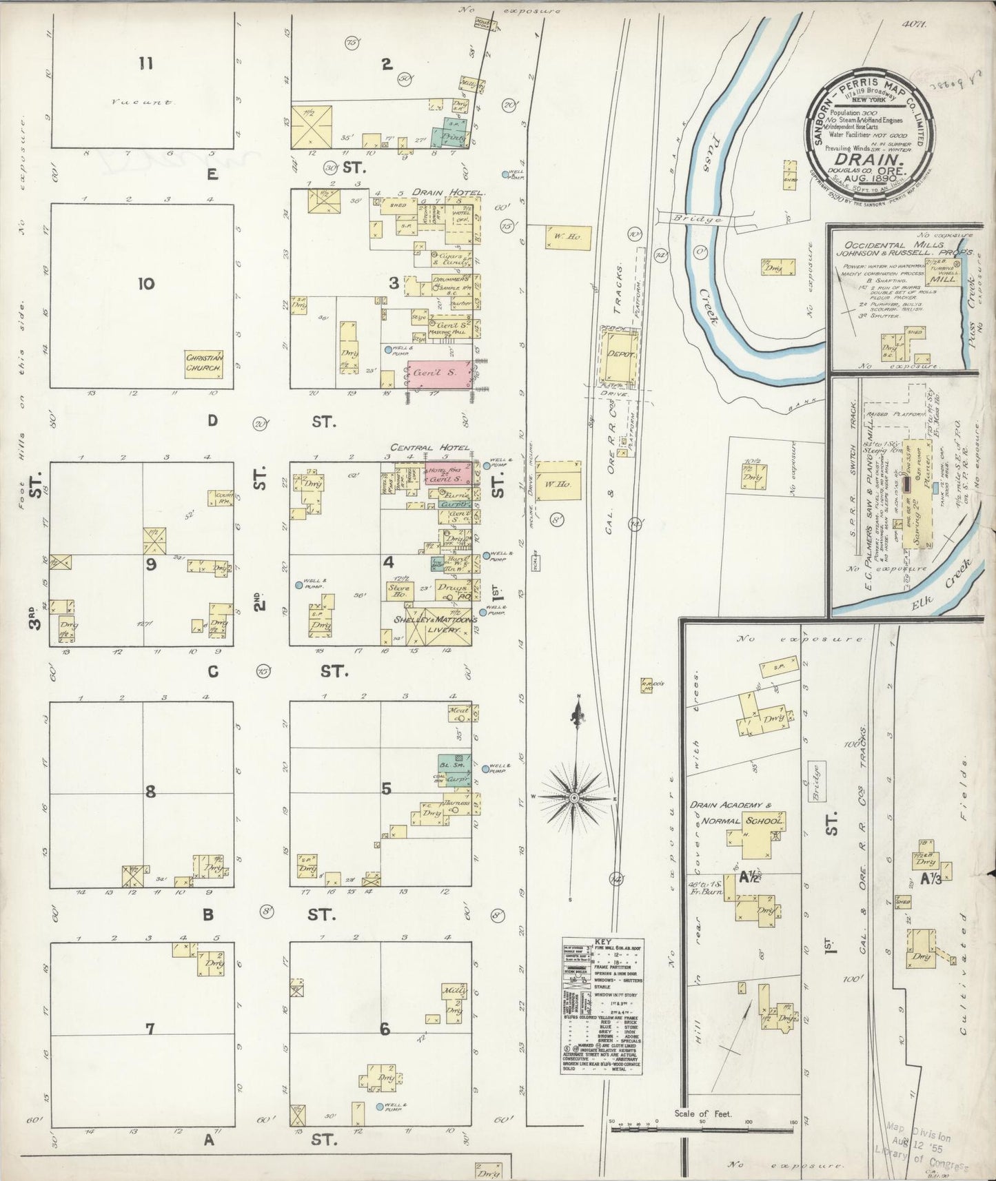 Sanborn Fire Insurance Map from Drain, Douglas County, Oregon (1890), Sheet #0001 - Historic Sanborn Fire Insurance Map Print, vintage old map wall art, antique decor, genealogy gift, Oregon Oregon map