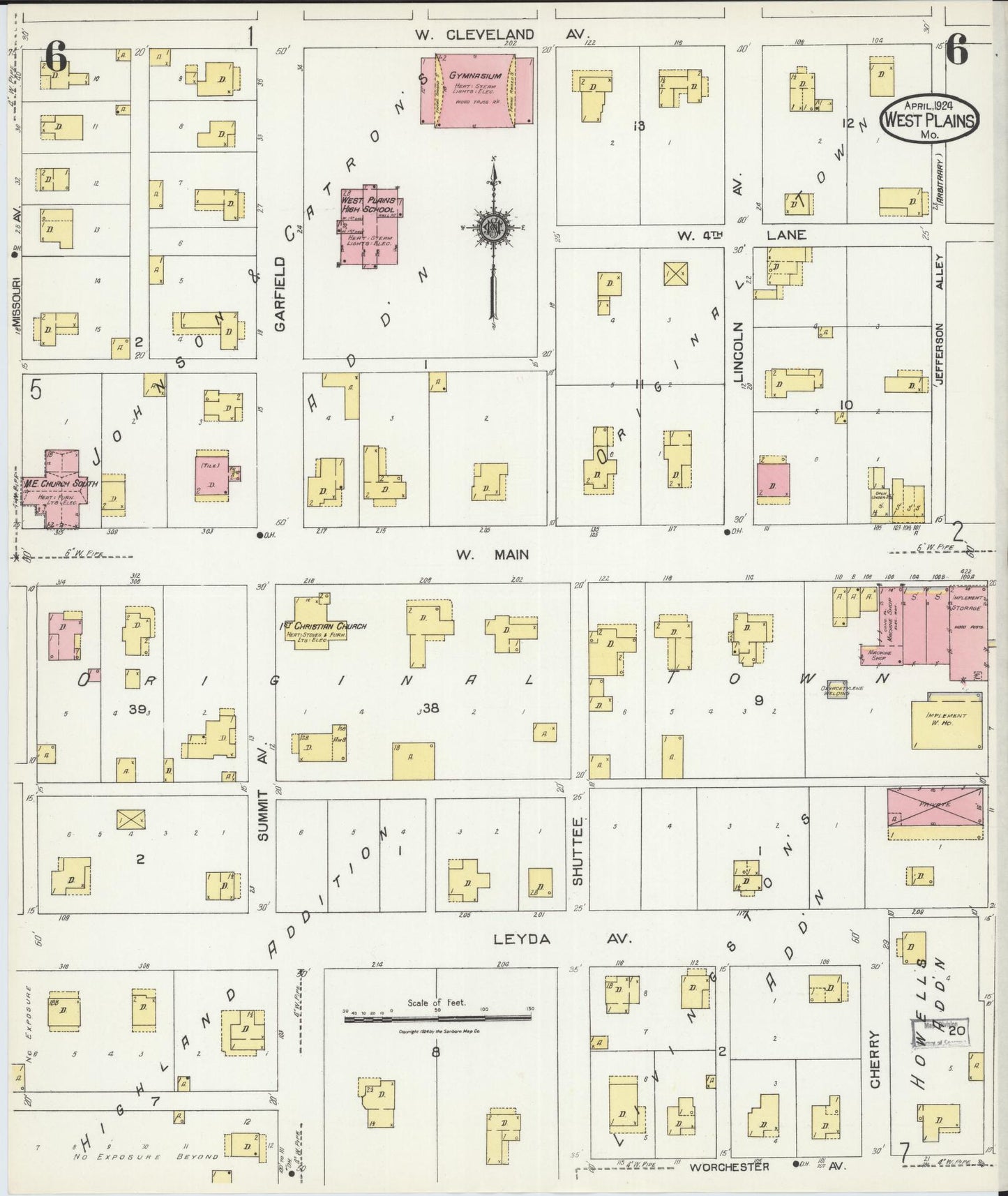 Sanborn Fire Insurance Map from West Plains, Howell County, Missouri (1924), Sheet #0006 - Historic Sanborn Fire Insurance Map Print, vintage old map wall art, antique decor, genealogy gift, Missouri Missouri map