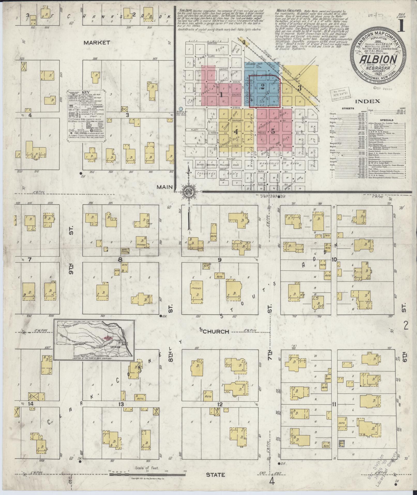 Sanborn Fire Insurance Map from Albion, Boone County, Nebraska (1921), Sheet #0001 - Complete Map Set gallery image, historic Sanborn map, vintage wall art, Nebraska Nebraska