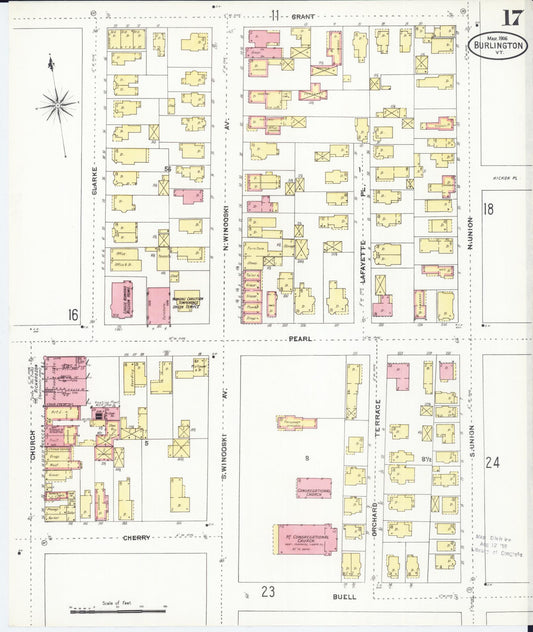 Sanborn Fire Insurance Map from Burlington, Chittenden County, Vermont (1906), Sheet #0017 - Historic Sanborn Fire Insurance Map Print, vintage old map wall art, antique decor, genealogy gift, Vermont Vermont map