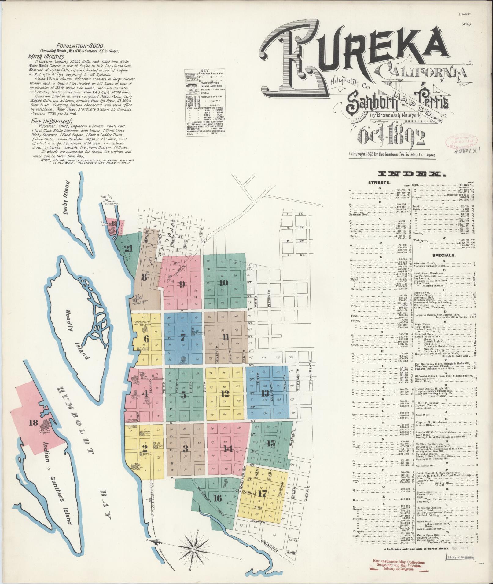 Sanborn Fire Insurance Map from Eureka, Humboldt County, California (1892), Sheet #0001 - Historic Sanborn Fire Insurance Map Print, vintage old map wall art, antique decor, genealogy gift, California California map
