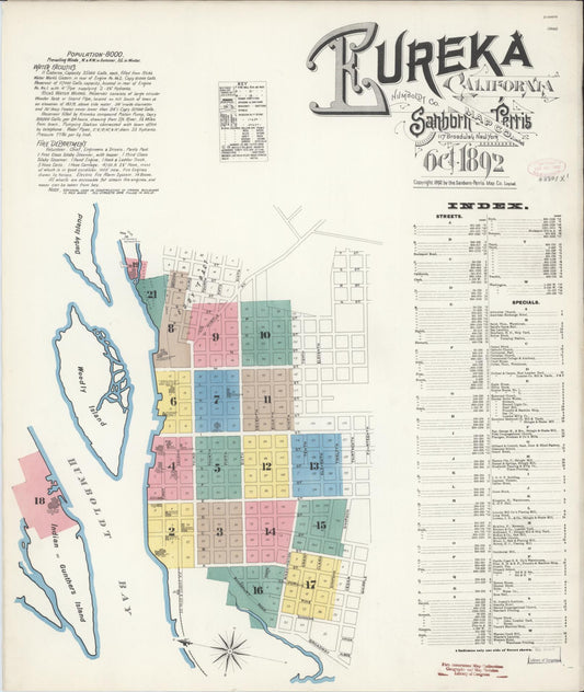 Sanborn Fire Insurance Map from Eureka, Humboldt County, California (1892), Sheet #0001 - Historic Sanborn Fire Insurance Map Print, vintage old map wall art, antique decor, genealogy gift, California California map