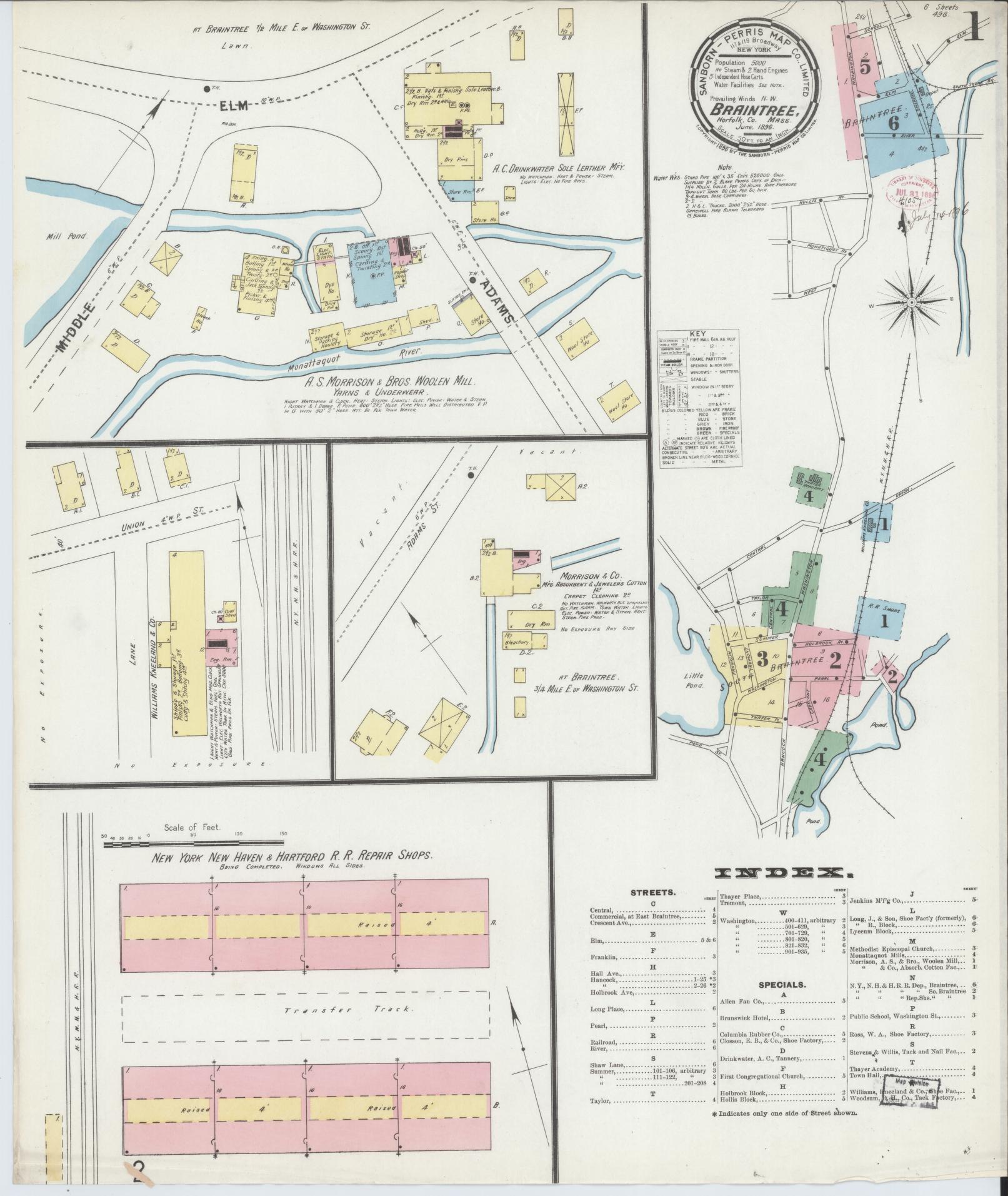 Sanborn Fire Insurance Map from Braintree, Norfolk County, Massachusetts (1896), Sheet #0001 - Historic Sanborn Fire Insurance Map Print, vintage old map wall art, antique decor, genealogy gift, Massachusetts Massachusetts map