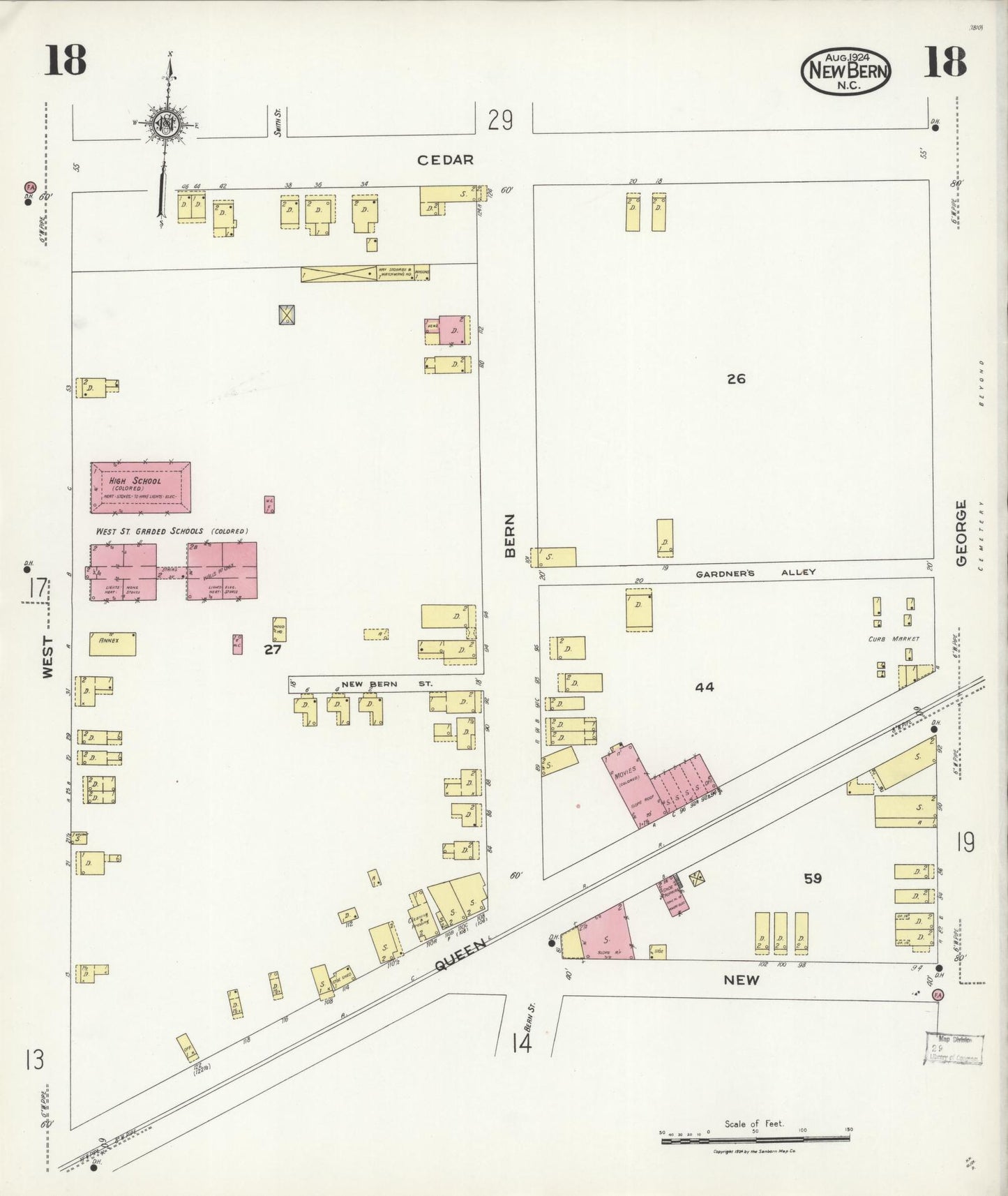 Sanborn Fire Insurance Map from New Bern, Craven County, North Carolina (1924), Sheet #0018 - Complete Map Set gallery image, historic Sanborn map, vintage wall art, North Carolina North Carolina