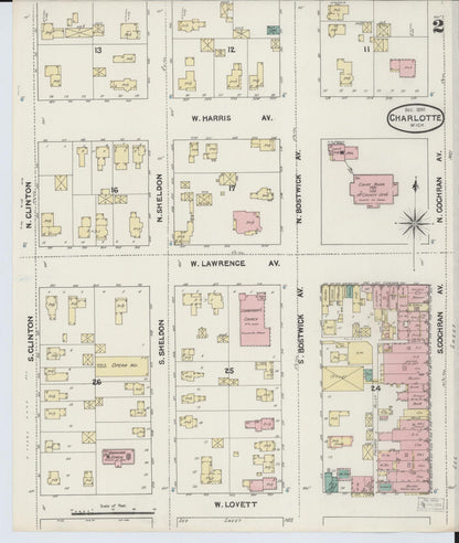 Sanborn Fire Insurance Map from Charlotte, Eaton County, Michigan (1890), Sheet #0002 - Historic Sanborn Fire Insurance Map Print, vintage old map wall art, antique decor, genealogy gift, Michigan Michigan map