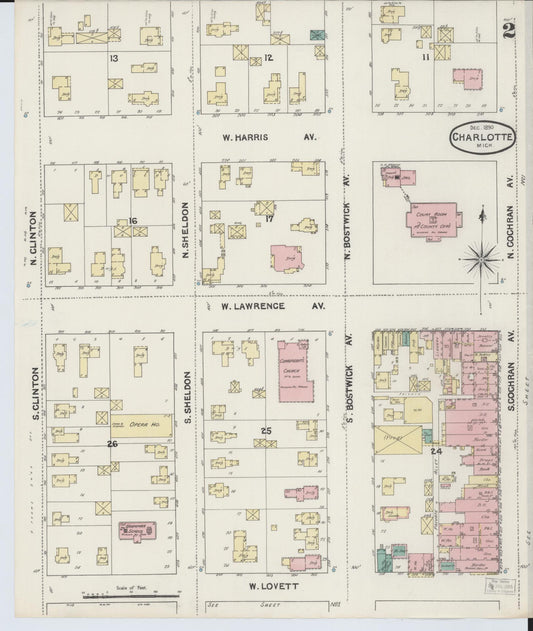Sanborn Fire Insurance Map from Charlotte, Eaton County, Michigan (1890), Sheet #0002 - Historic Sanborn Fire Insurance Map Print, vintage old map wall art, antique decor, genealogy gift, Michigan Michigan map