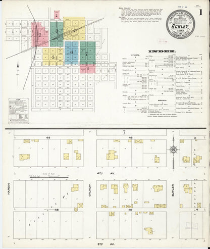 Sanborn Fire Insurance Map from Ackley, Hardin and Franklin Counties, Iowa (1911), Sheet #0001 - Historic Sanborn Fire Insurance Map Print, vintage old map wall art
