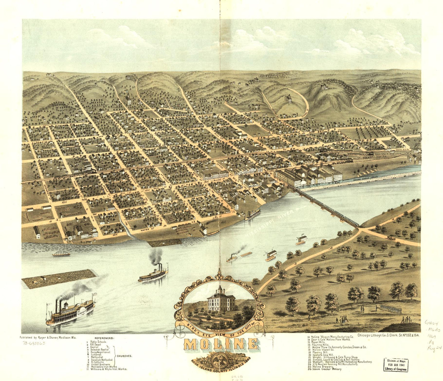Bird's eye view of the city of Moline, Rock Island County, Illinois 1869. (1869) – Historic Bird’s-Eye View Panorama Print