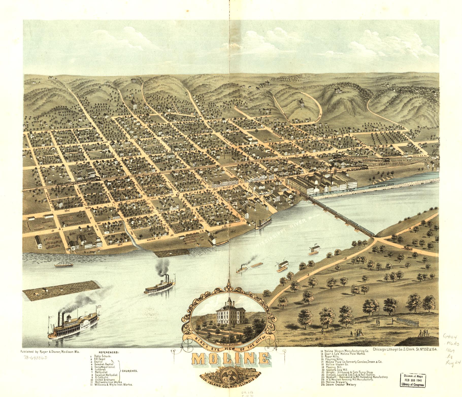Bird's eye view of the city of Moline, Rock Island County, Illinois 1869. (1869) – Historic Bird’s-Eye View Panorama Print