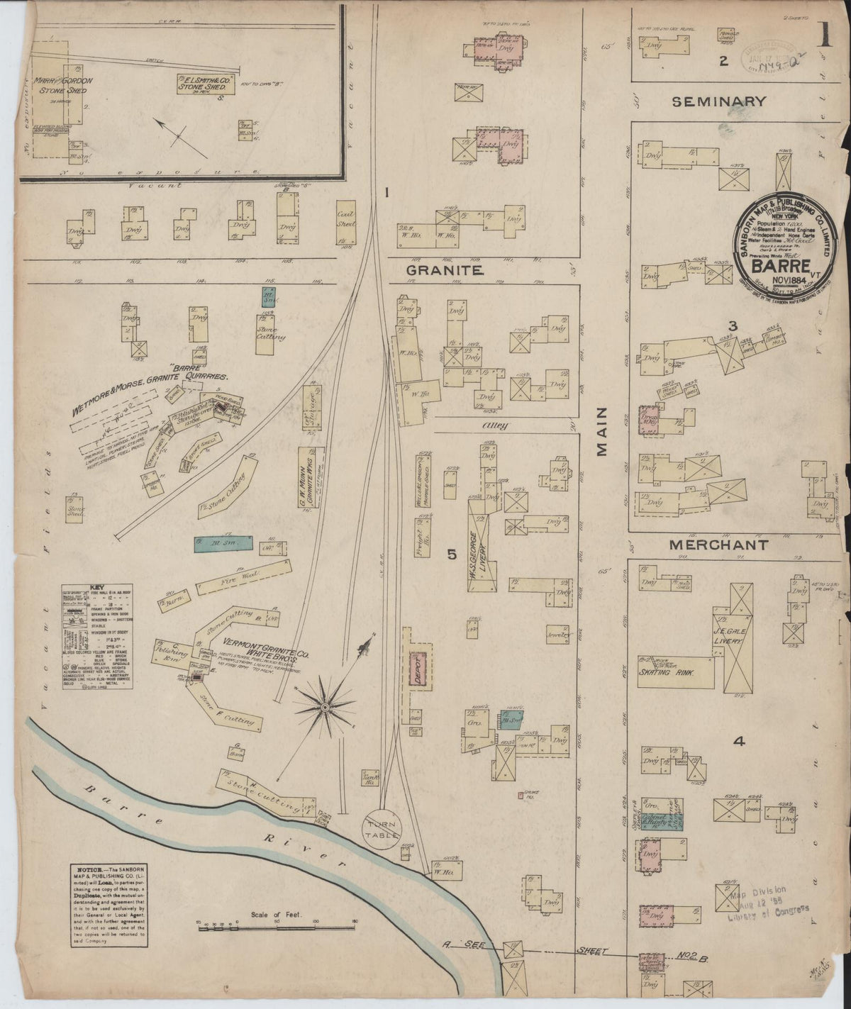 Sanborn Fire Insurance Map from Barre, Washington County, Vermont (1884), Sheet #0001 - Historic Sanborn Fire Insurance Map Print, vintage old map wall art, antique decor, genealogy gift, Vermont Vermont map