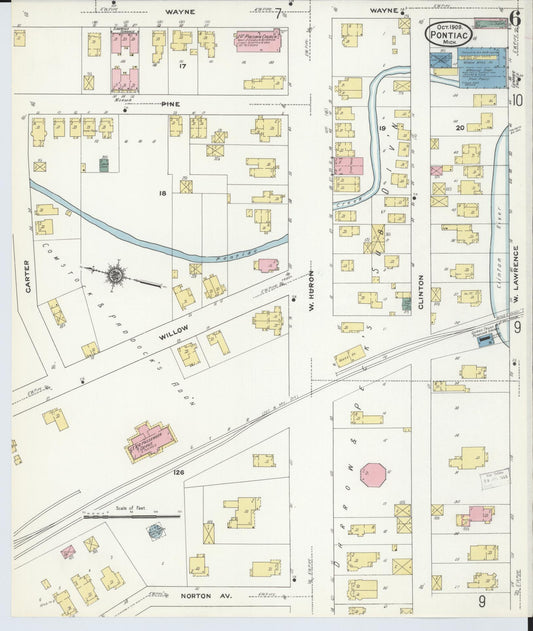 Sanborn Fire Insurance Map from Pontiac, Oakland County, Michigan (1909), Sheet #0006 - Historic Sanborn Fire Insurance Map Print, vintage old map wall art, antique decor, genealogy gift, Michigan Michigan map