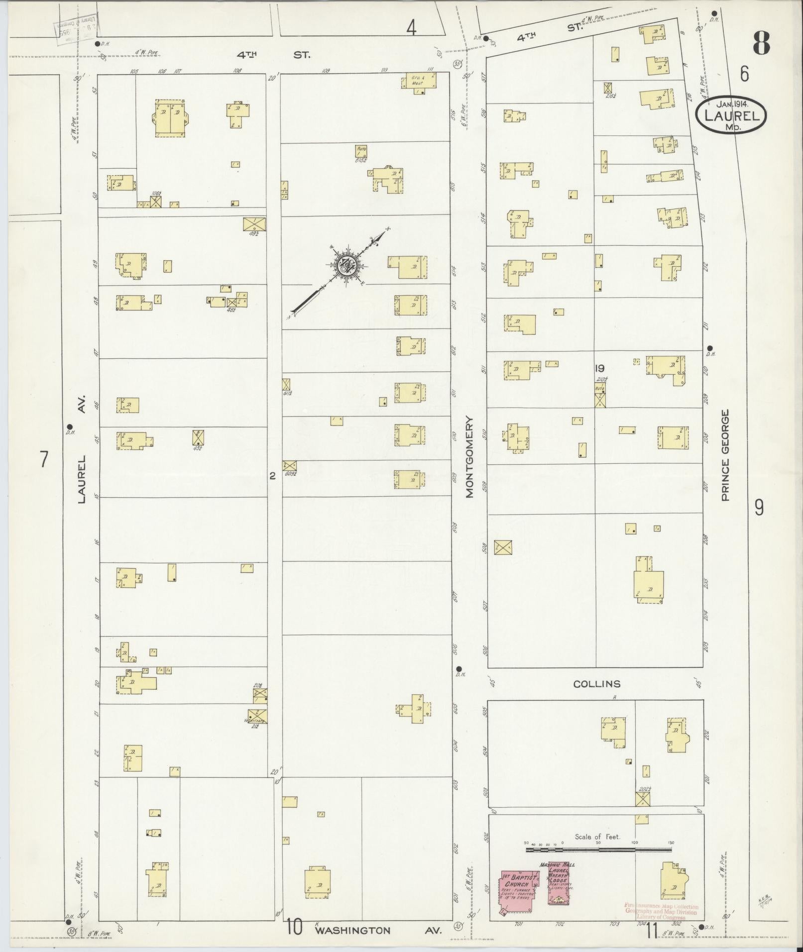 Sanborn Fire Insurance Map from Laurel, Prince Georges County, Maryland (1914), Sheet #0008 - Historic Sanborn Fire Insurance Map Print, vintage old map wall art