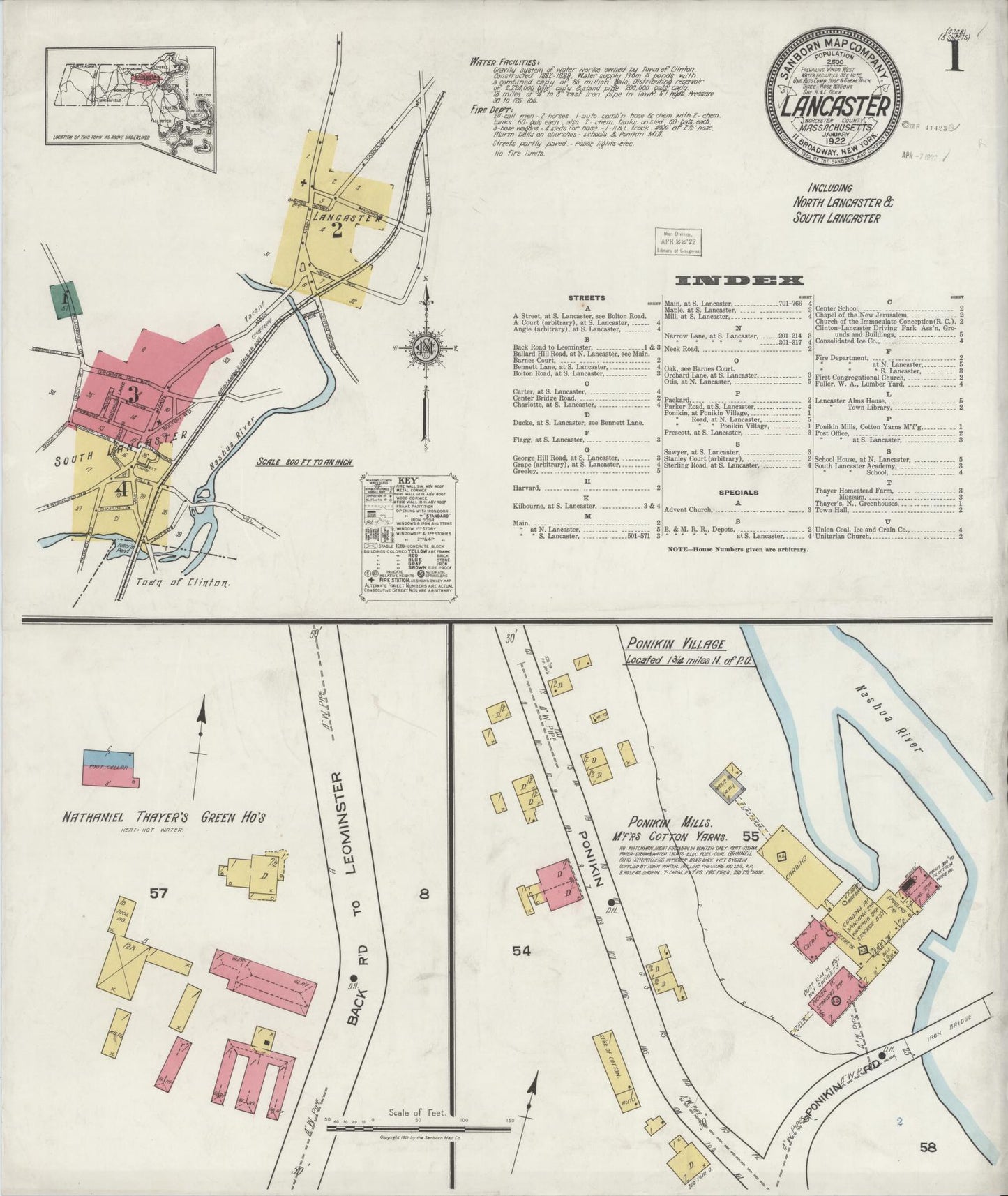 Sanborn Fire Insurance Map from Lancaster, Worcester County, Massachusetts (1922), Sheet #0001 - Complete Map Set gallery image, historic Sanborn map, vintage wall art, Massachusetts Massachusetts