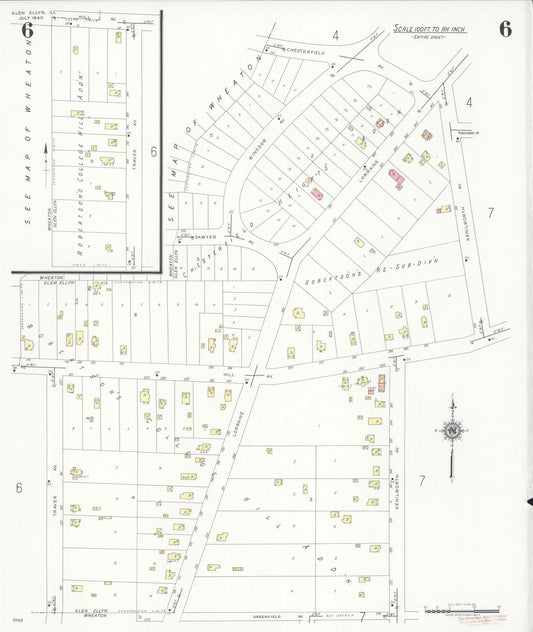 Sanborn Fire Insurance Map from Glen Ellyn, Du Page County, Illinois (1940), Sheet #0006 - Historic Sanborn Fire Insurance Map Print, vintage old map wall art, antique decor, genealogy gift, Illinois Illinois map
