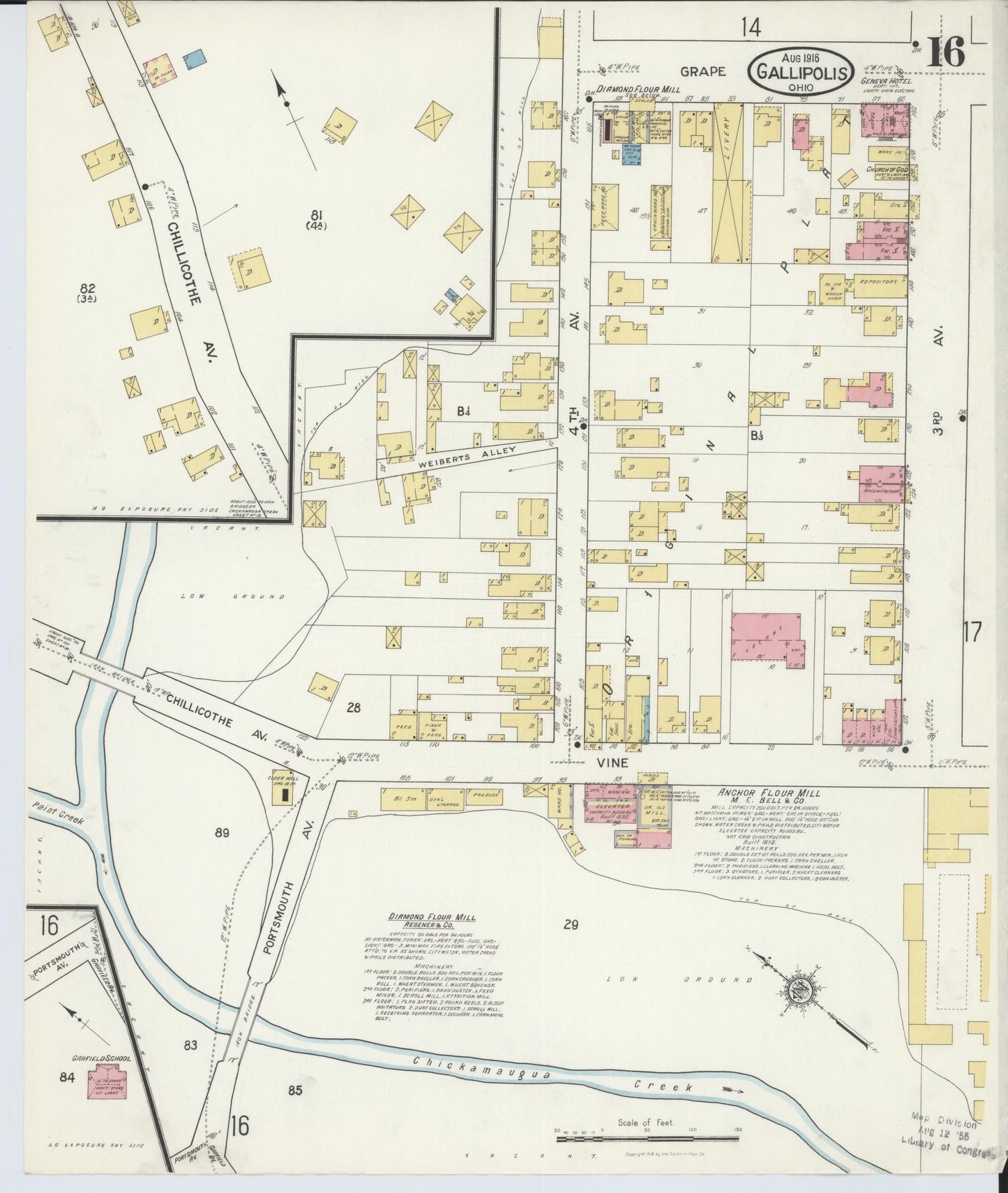 Sanborn Fire Insurance Map from Gallipolis, Gallia County, Ohio (1916), Sheet #0016 - Historic Sanborn Fire Insurance Map Print, vintage old map wall art, antique decor, genealogy gift, Ohio Ohio map