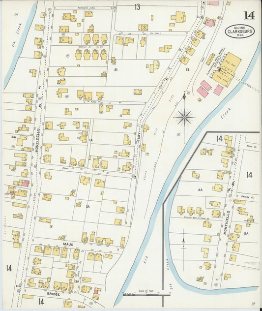 Sanborn Fire Insurance Map from Clarksburg, Harrison County, West Virginia (1905), Sheet #0014 - Historic Sanborn Fire Insurance Map Print, vintage old map wall art, antique decor, genealogy gift, West Virginia West Virginia map