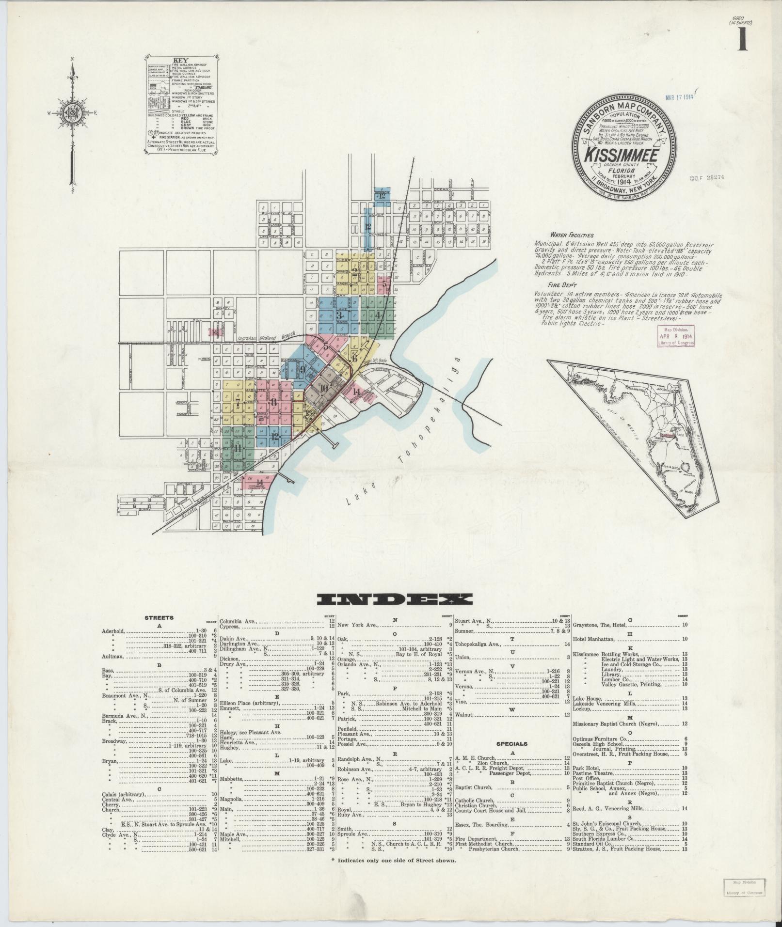 Sanborn Fire Insurance Map from Kissimmee, Osceola County, Florida (1914), Sheet #0001 - Historic Sanborn Fire Insurance Map Print, vintage old map wall art, antique decor, genealogy gift, Florida Florida map