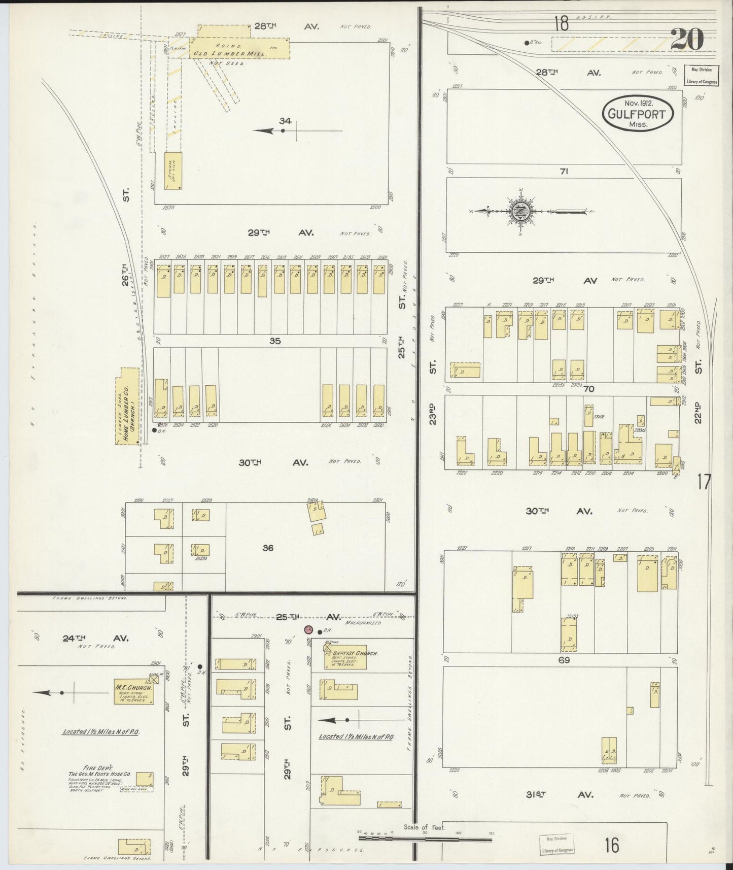 Sanborn Fire Insurance Map from Gulfport, Harrison County, Mississippi (1912), Sheet #0020 - Historic Sanborn Fire Insurance Map Print, vintage old map wall art, antique decor, genealogy gift, Mississippi Mississippi map