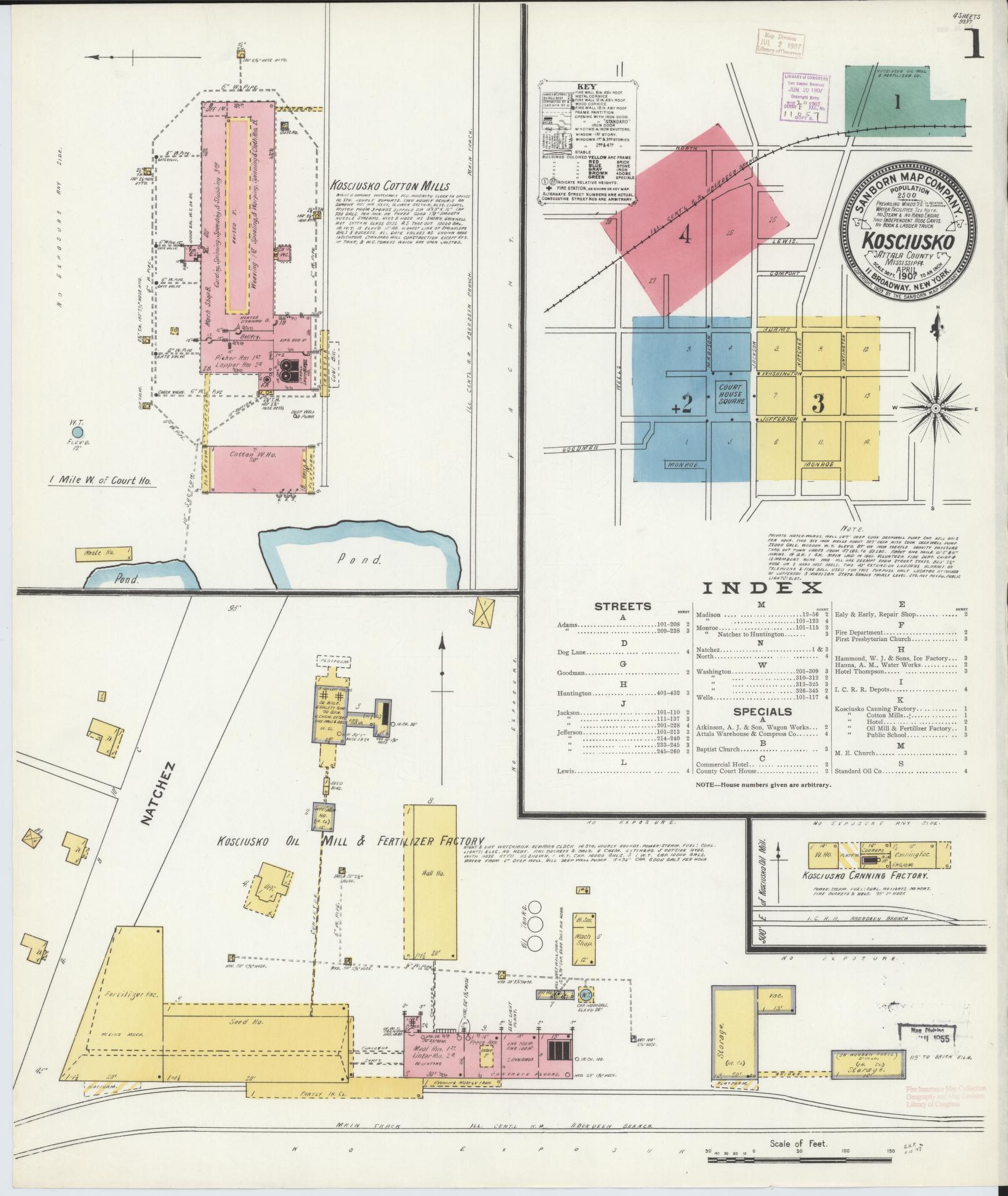 Sanborn Fire Insurance Map from Kosciusko, Attala County, Mississippi (1907), Sheet #0001 - Historic Sanborn Fire Insurance Map Print, vintage old map wall art, antique decor, genealogy gift, Mississippi Mississippi map