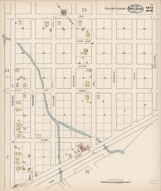 Sanborn Fire Insurance Map from Waycross, Ware County, Georgia (1922), Sheet #0022 - Historic Sanborn Fire Insurance Map Print, vintage old map wall art, antique decor, genealogy gift, Georgia Georgia map
