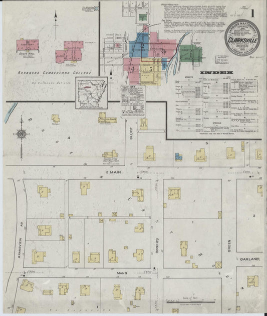 Sanborn Fire Insurance Map from Clarksville, Johnson County, Arkansas (1919), Sheet #0001 - Complete Map Set gallery image, historic Sanborn map, vintage wall art, Arkansas Arkansas