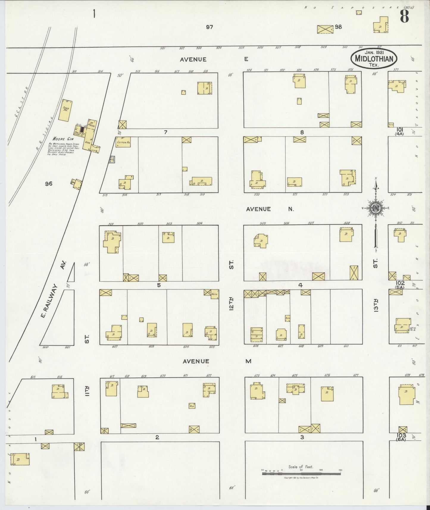 Sanborn Fire Insurance Map from Midlothian, Ellis County, Texas (1921), Sheet #0008 - Historic Sanborn Fire Insurance Map Print, vintage old map wall art, antique decor, genealogy gift, Texas Texas map