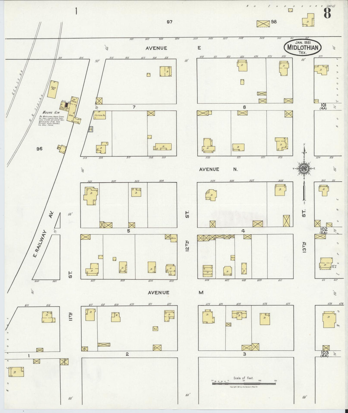 Sanborn Fire Insurance Map from Midlothian, Ellis County, Texas (1921), Sheet #0008 - Historic Sanborn Fire Insurance Map Print, vintage old map wall art, antique decor, genealogy gift, Texas Texas map