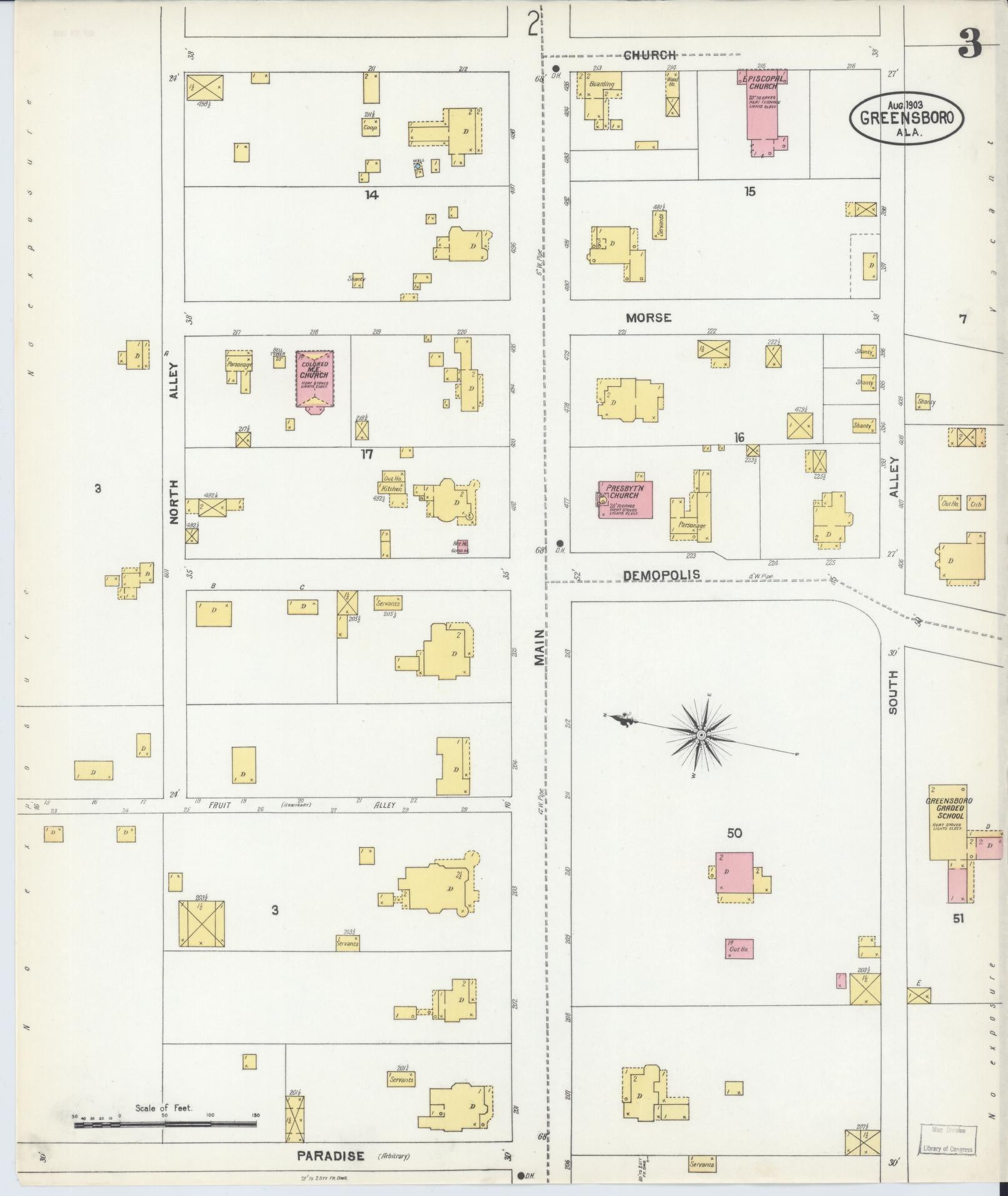 Sanborn Fire Insurance Map from Greensboro, Hale County, Alabama (1903), Sheet #0003 - Complete Map Set gallery image, historic Sanborn map, vintage wall art, Alabama Alabama