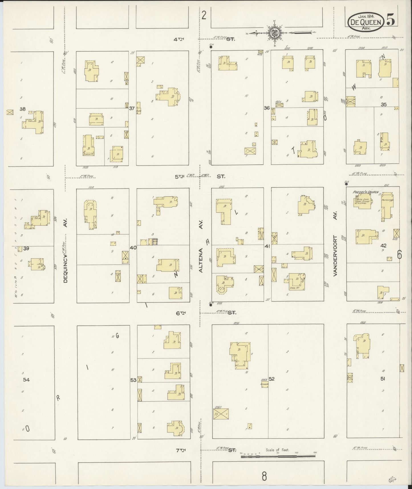 Sanborn Fire Insurance Map from De Queen, Sevier County, Arkansas (1914), Sheet #0005 - Historic Sanborn Fire Insurance Map Print, vintage old map wall art, antique decor, genealogy gift, Arkansas Arkansas map