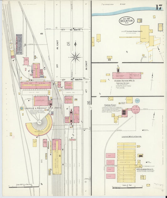 Sanborn Fire Insurance Map from Decatur, Morgan County, Alabama (1908), Sheet #0017 - Historic Sanborn Fire Insurance Map Print, vintage old map wall art, antique decor, genealogy gift, Alabama Alabama map