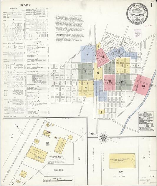 Sanborn Fire Insurance Map from Livermore, Alameda County, California (1907), Sheet #0001 - Complete Map Set gallery image, historic Sanborn map, vintage wall art, California California