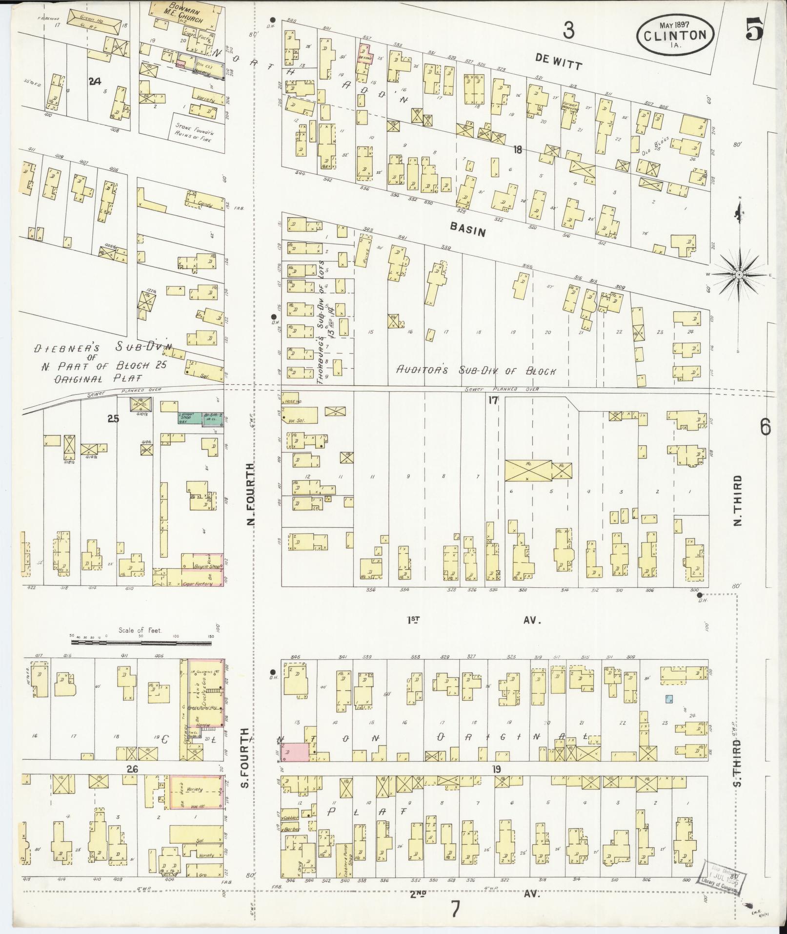 Sanborn Fire Insurance Map from Clinton, Clinton County, Iowa (1897), Sheet #0005 - Historic Sanborn Fire Insurance Map Print, vintage old map wall art