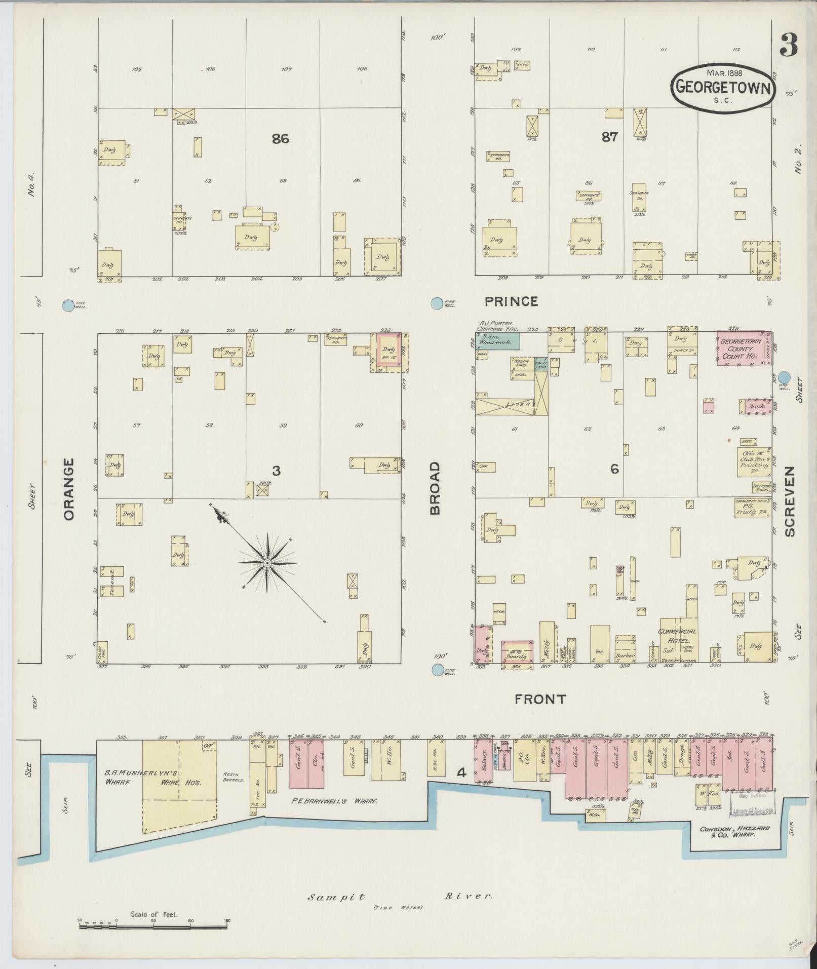 Sanborn Fire Insurance Map from Georgetown, Georgetown County, South Carolina (1888), Sheet #0003 - Historic Sanborn Fire Insurance Map Print, vintage old map wall art, antique decor, genealogy gift, South Carolina South Carolina map