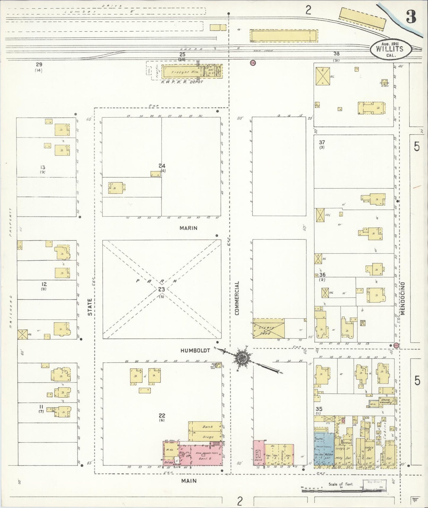 Sanborn Fire Insurance Map from Willits, Mendocino County, California (1911), Sheet #0003 - Complete Map Set gallery image, historic Sanborn map, vintage wall art, California California