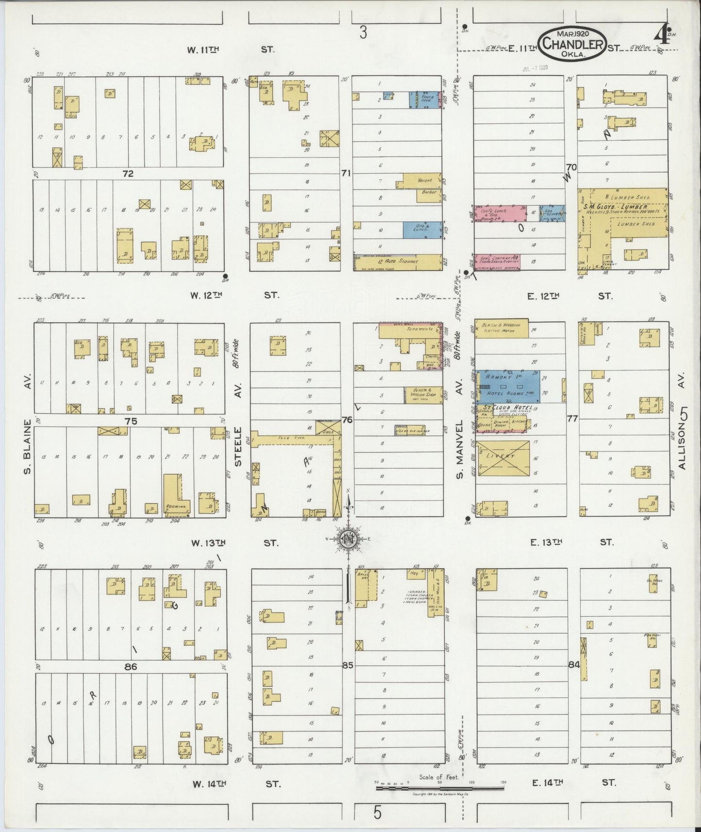 Sanborn Fire Insurance Map from Chandler, Lincoln County, Oklahoma (1920), Sheet #0004 - Historic Sanborn Fire Insurance Map Print, vintage old map wall art, antique decor, genealogy gift, Oklahoma Oklahoma map