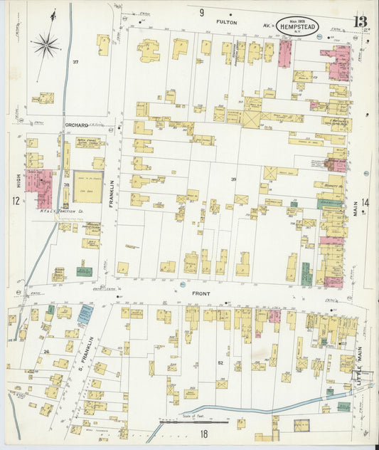 Sanborn Fire Insurance Map from Hempstead, Nassau County, New York (1909), Sheet #0013 - Historic Sanborn Fire Insurance Map Print, vintage old map wall art, antique decor, genealogy gift, New York New York map