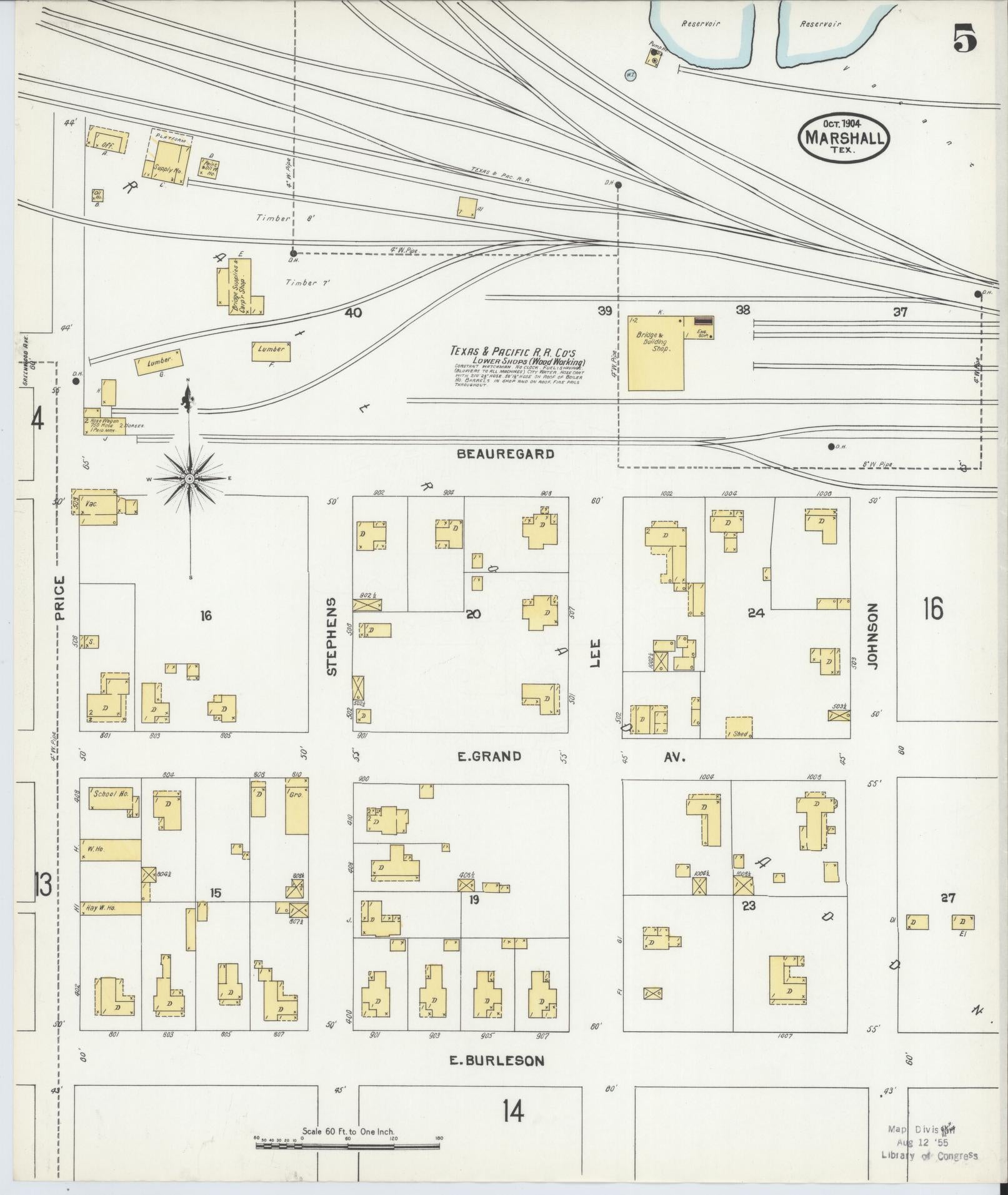 Sanborn Fire Insurance Map from Marshall, Harrison County, Texas (1904), Sheet #0005 - Complete Map Set gallery image, historic Sanborn map, vintage wall art, Texas Texas