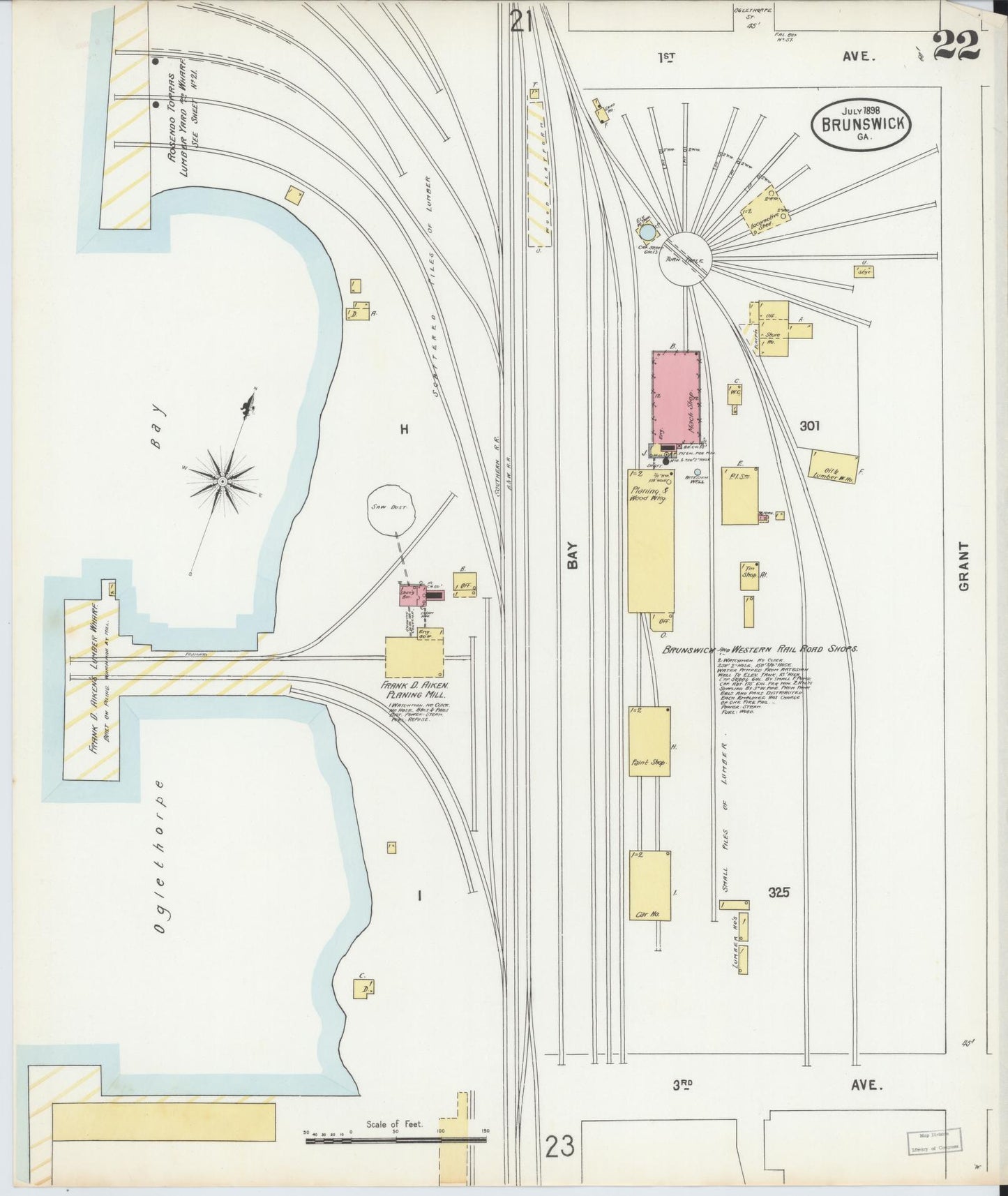 Sanborn Fire Insurance Map from Brunswick, Glynn County, Georgia (1898), Sheet #0022 - Historic Sanborn Fire Insurance Map Print, vintage old map wall art, antique decor, genealogy gift, Georgia Georgia map