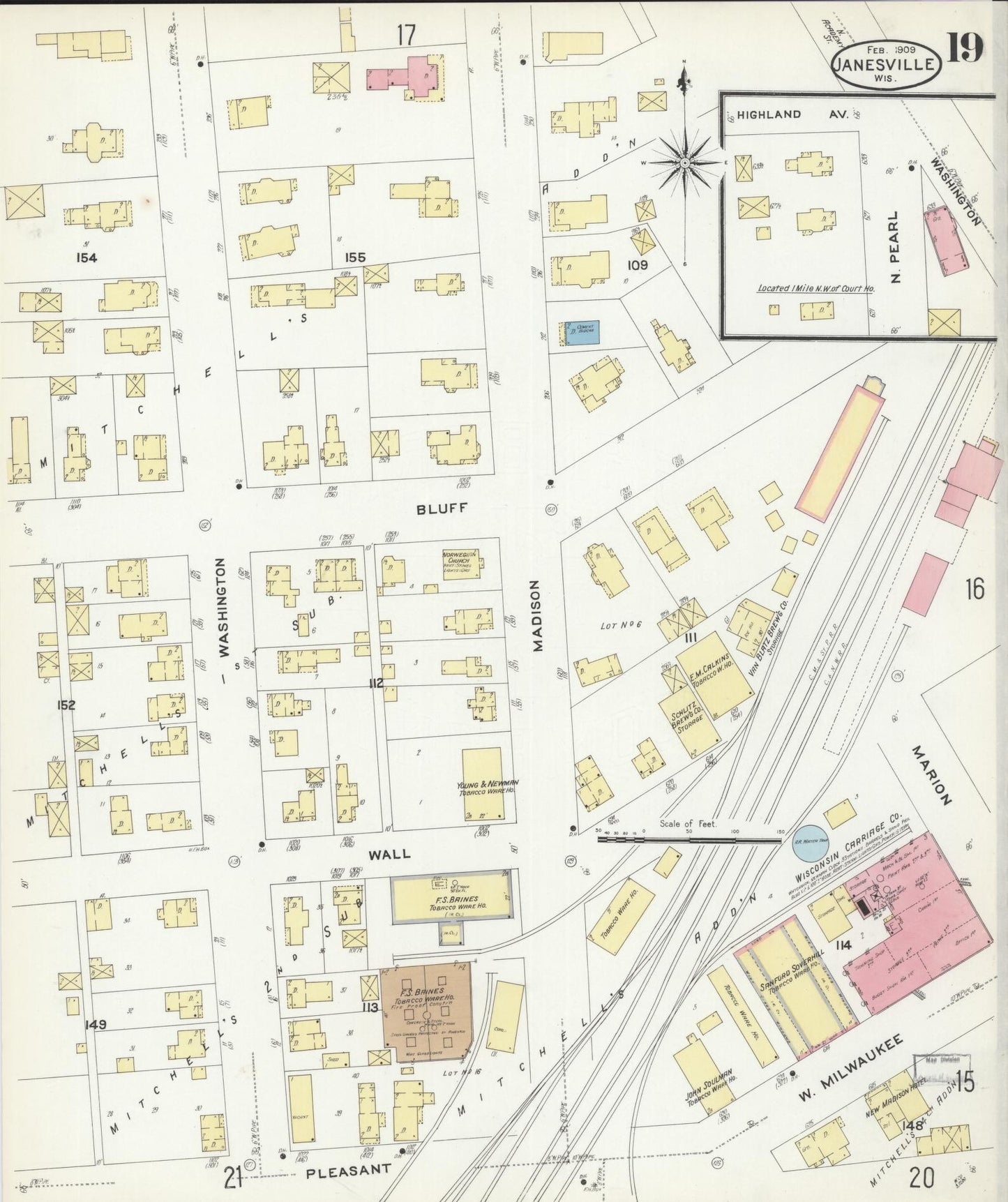 Sanborn Fire Insurance Map from Janesville, Rock County, Wisconsin (1909), Sheet #0019 - Historic Sanborn Fire Insurance Map Print, vintage old map wall art, antique decor, genealogy gift, Wisconsin Wisconsin map