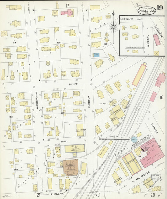 Sanborn Fire Insurance Map from Janesville, Rock County, Wisconsin (1909), Sheet #0019 - Historic Sanborn Fire Insurance Map Print, vintage old map wall art, antique decor, genealogy gift, Wisconsin Wisconsin map