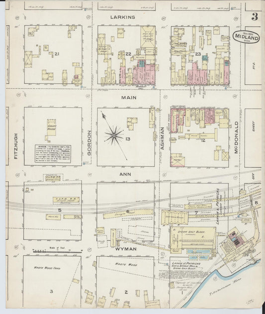 Sanborn Fire Insurance Map from Midland, Midland County, Michigan (1884), Sheet #0003 - Historic Sanborn Fire Insurance Map Print, vintage old map wall art, antique decor, genealogy gift, Michigan Michigan map