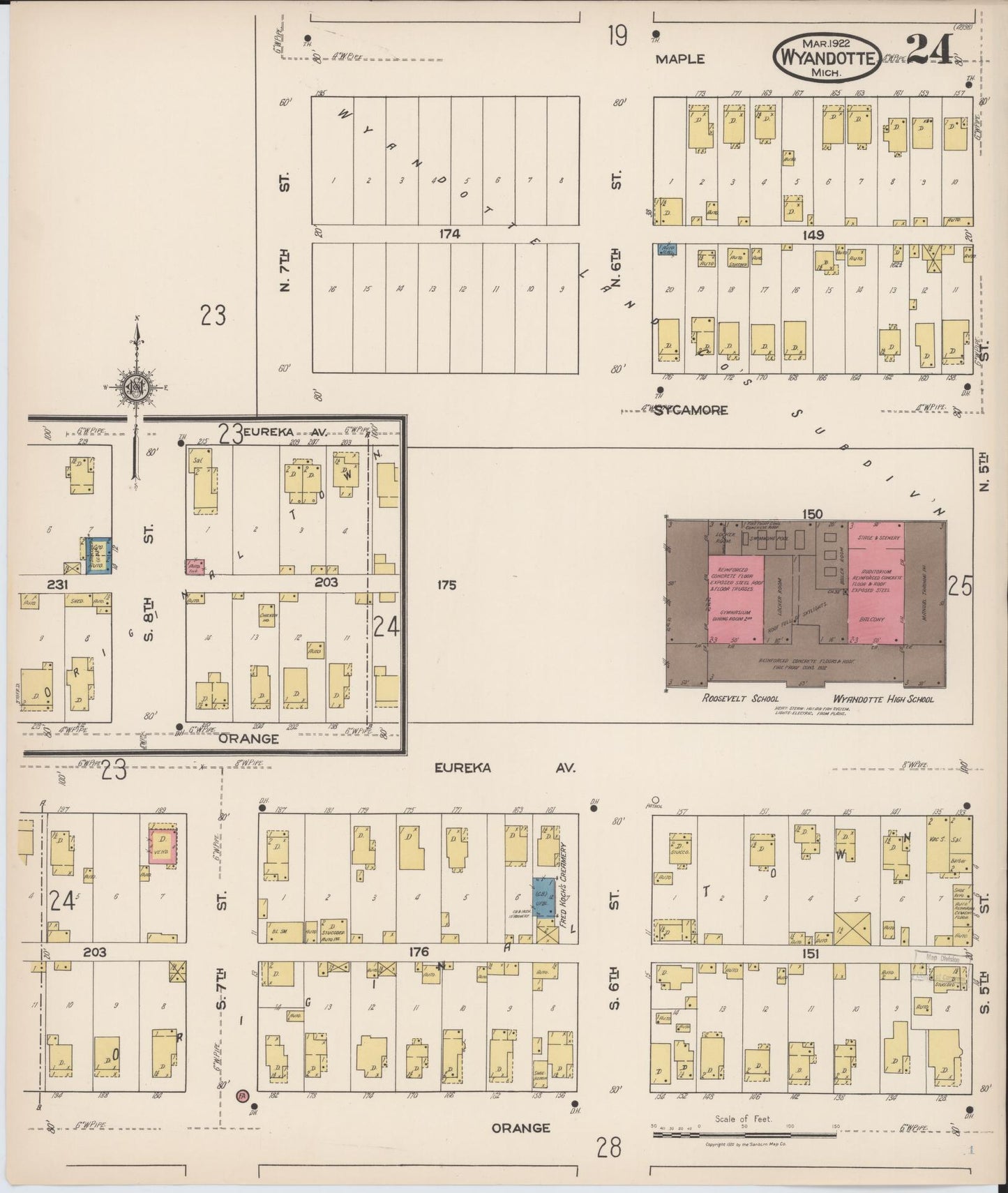 Sanborn Fire Insurance Map from Wyandotte, Wayne County, Michigan (1922), Sheet #0024 - Historic Sanborn Fire Insurance Map Print, vintage old map wall art, antique decor, genealogy gift, Michigan Michigan map